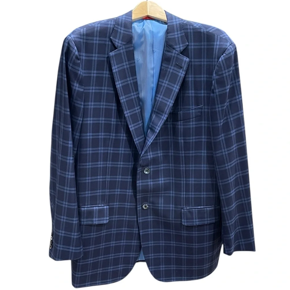 Isaia Keith Grossman Windowpane Wool Sport Coat Blazer EU 60 US 50 Navy Blue